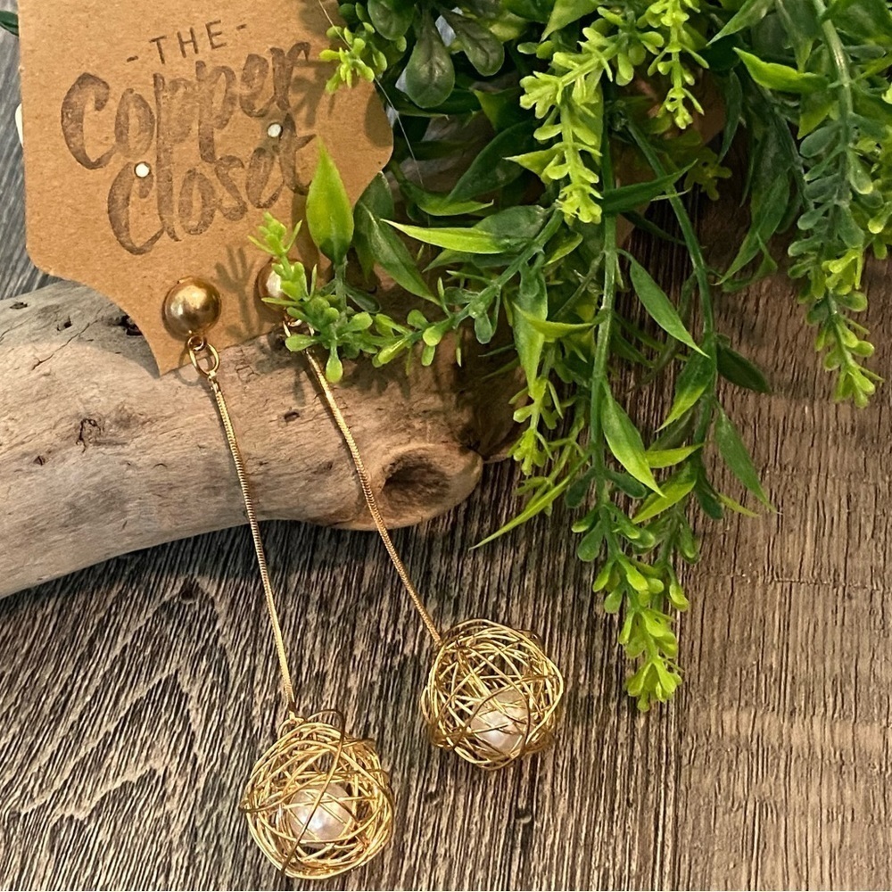 DANGLE EARRINGS Gold Dangles with Round Wire “Nest” Balls & Pearl at Ends